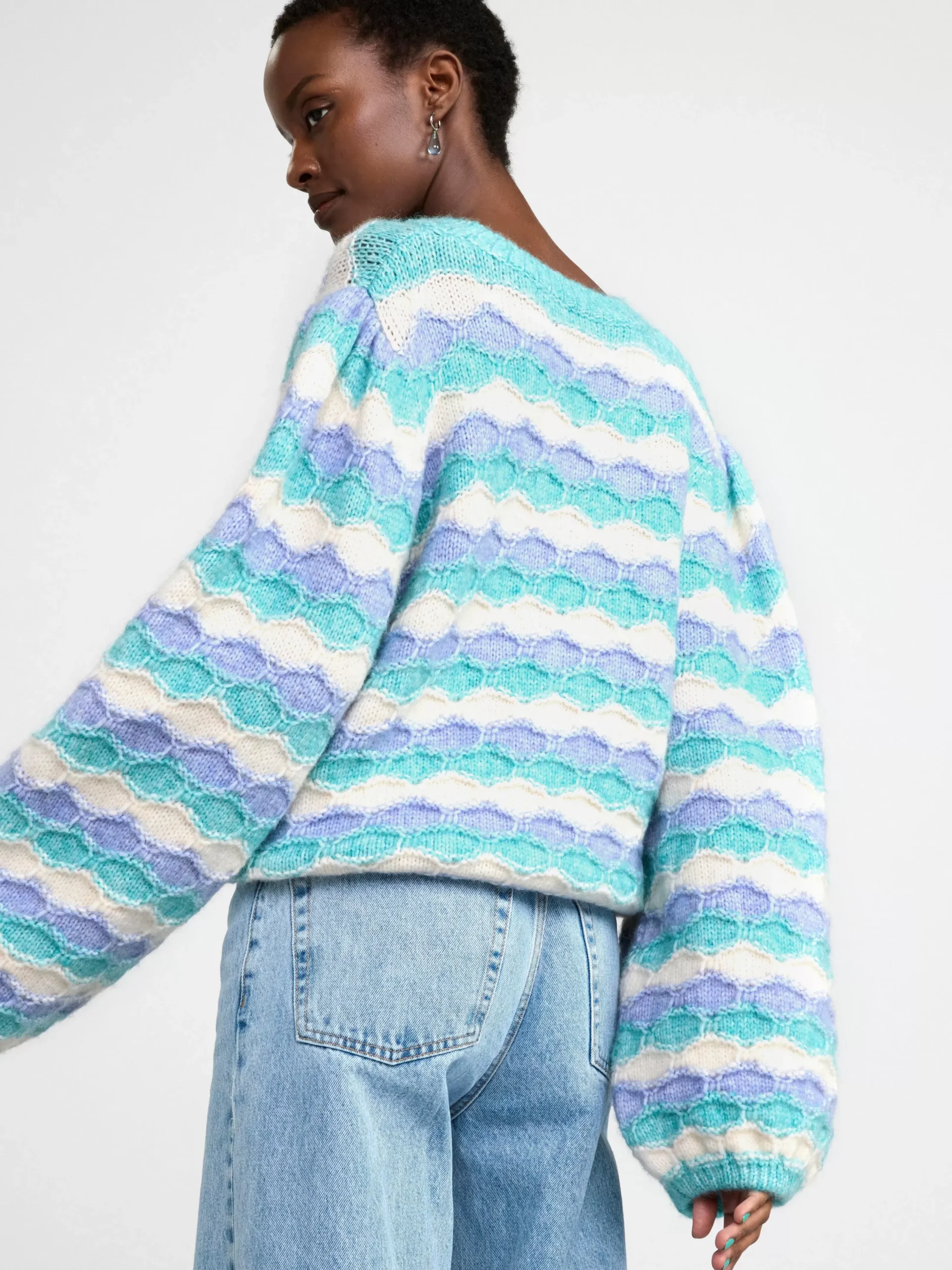 Tröjor & Cardigans>Lindex Monsterstickad Troja Med Rander Turqoise
