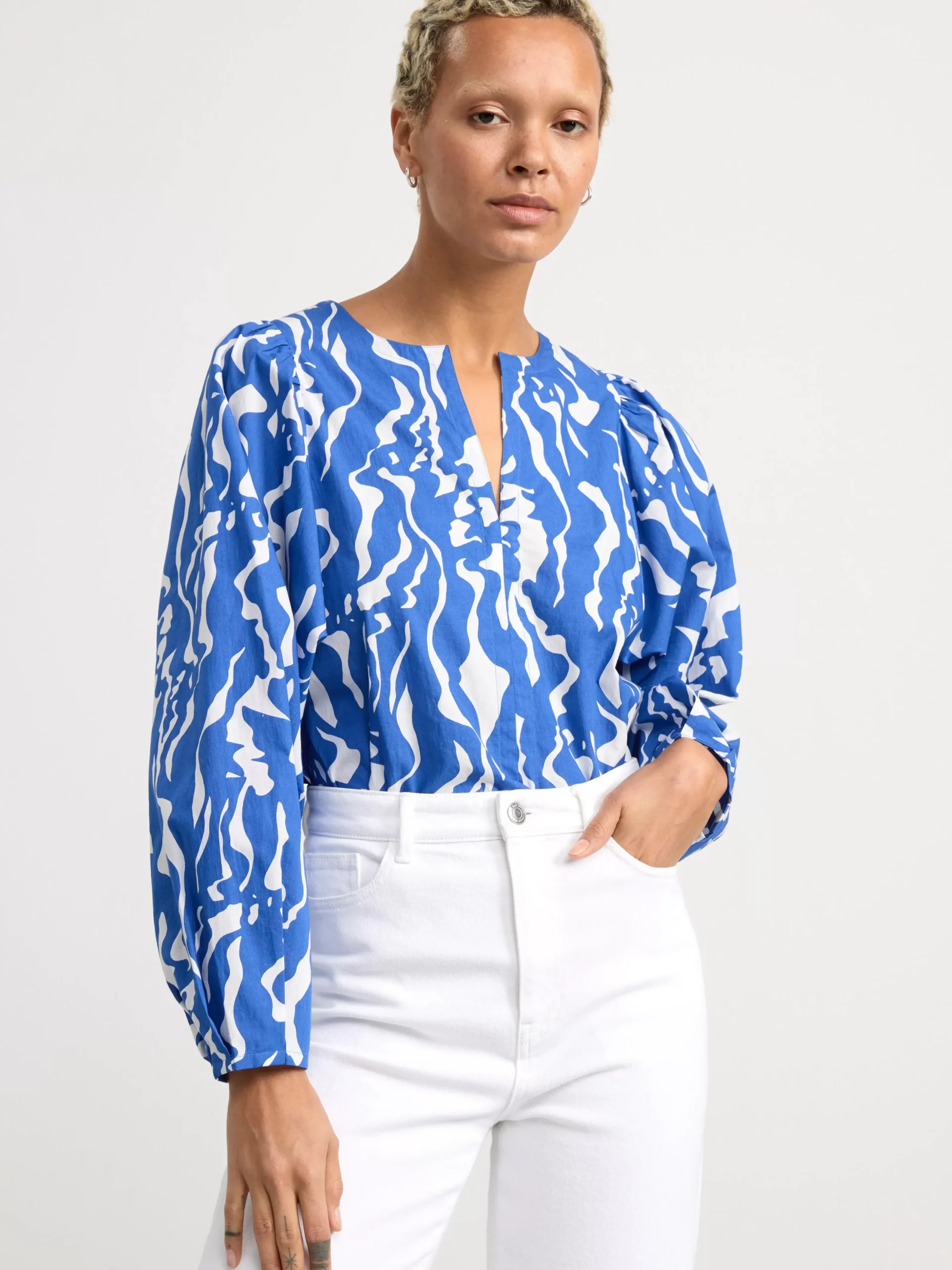 Blusar & Skjortor>Lindex Monstrad Blus Med Puffarm Blue