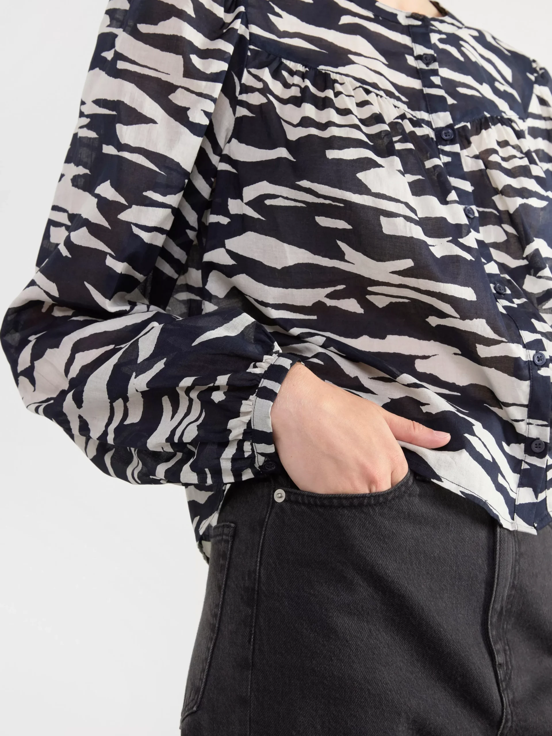 Blusar & Skjortor>Lindex Monstrad Bomullsblus Med Knappning Dark Blue