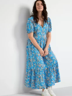 Klänningar>Lindex Monstrad Klanning Med Puffarm Blue