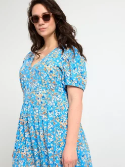 Klänningar>Lindex Monstrad Klanning Med Puffarm Blue
