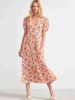 Klänningar>Lindex Monstrad Klanning Med Puffarm Light Orange