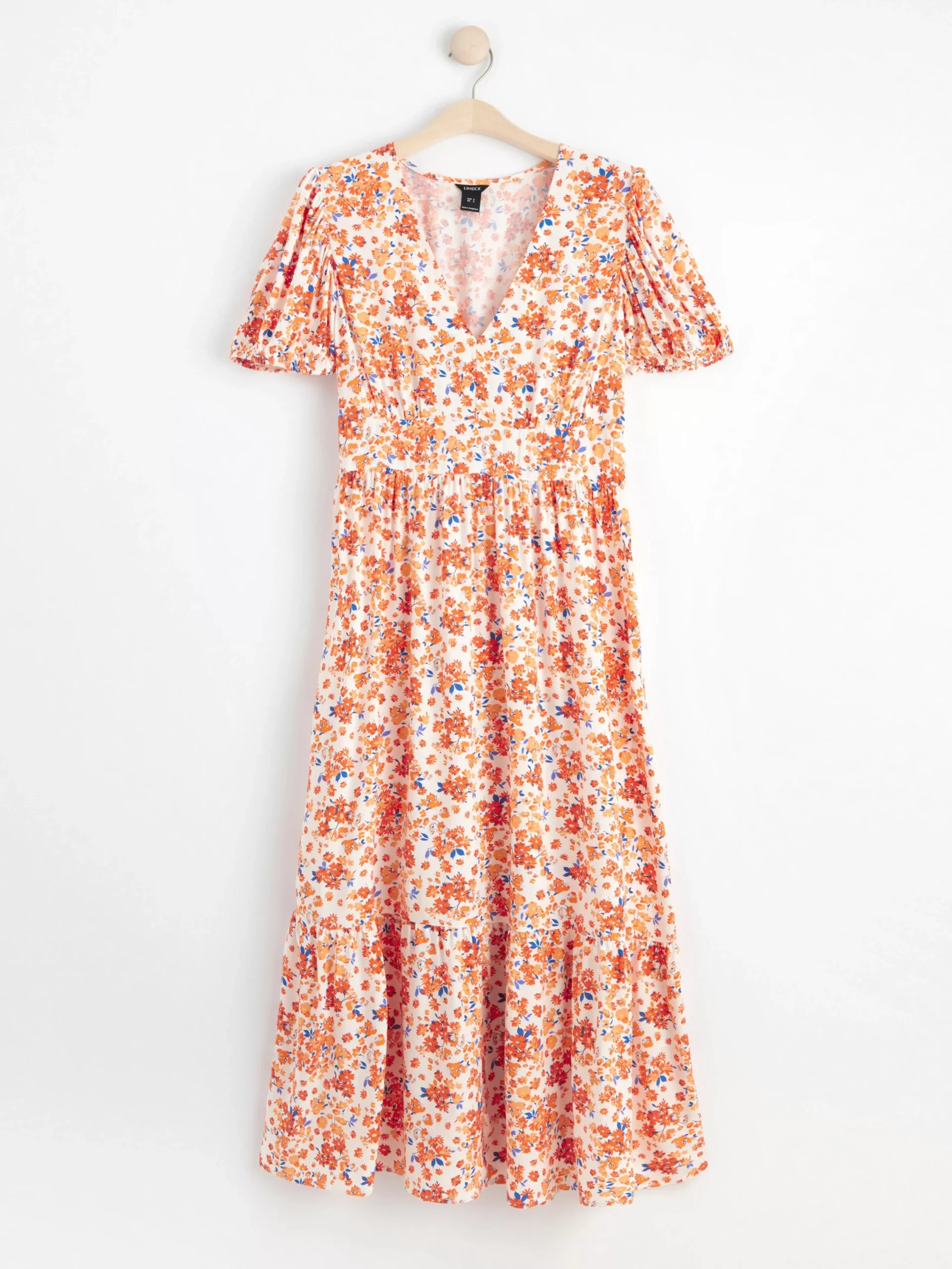 Klänningar>Lindex Monstrad Klanning Med Puffarm Light Orange