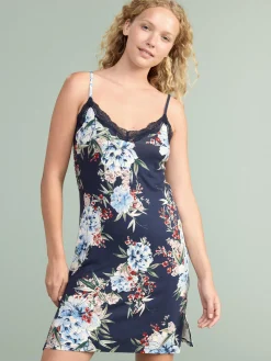 Nattplagg>Lindex Nattlinne Med Spets Och Blommor Navy