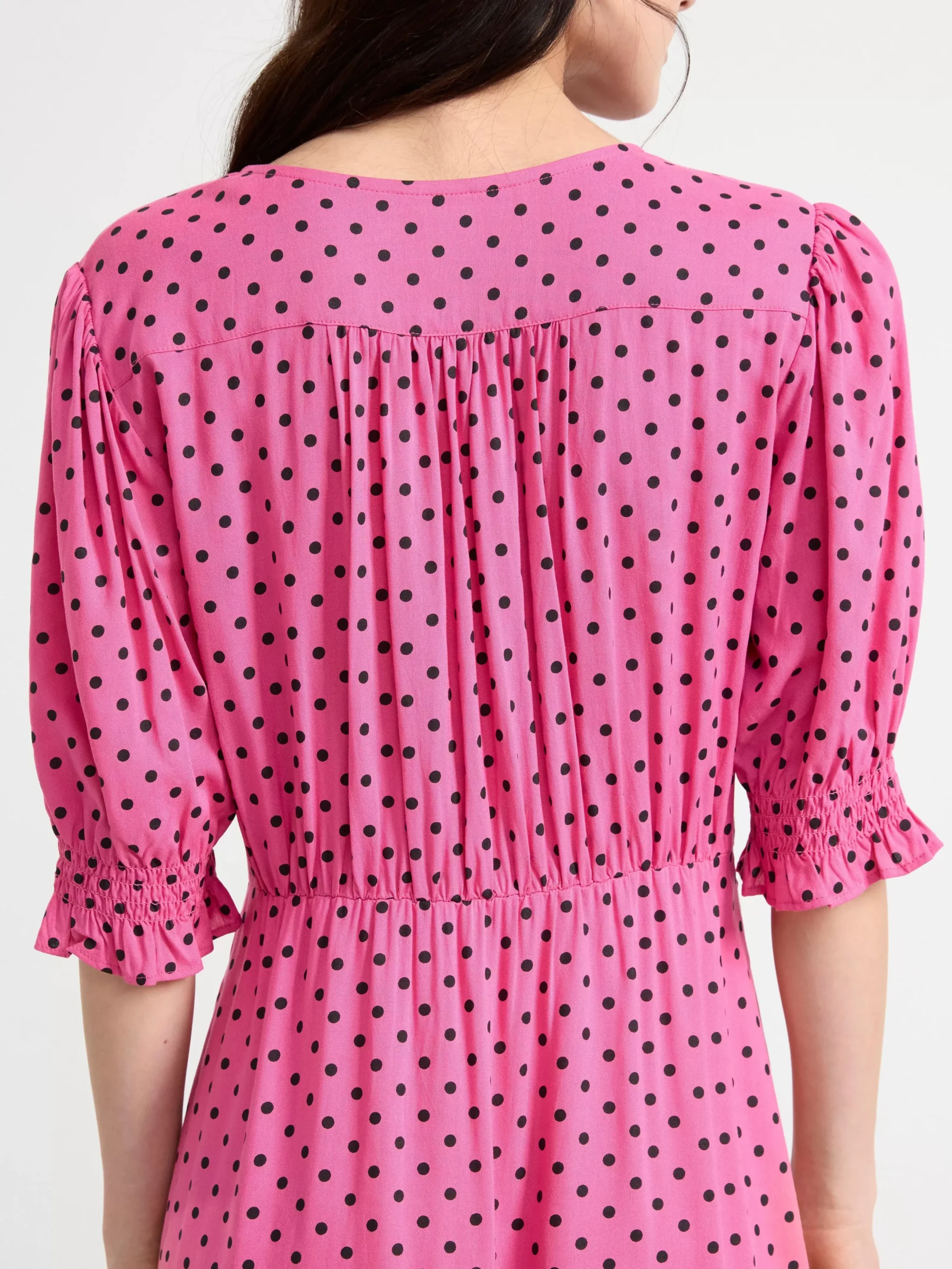 Klänningar>Lindex Prickig Midiklanning Med Puffarm Dark Pink
