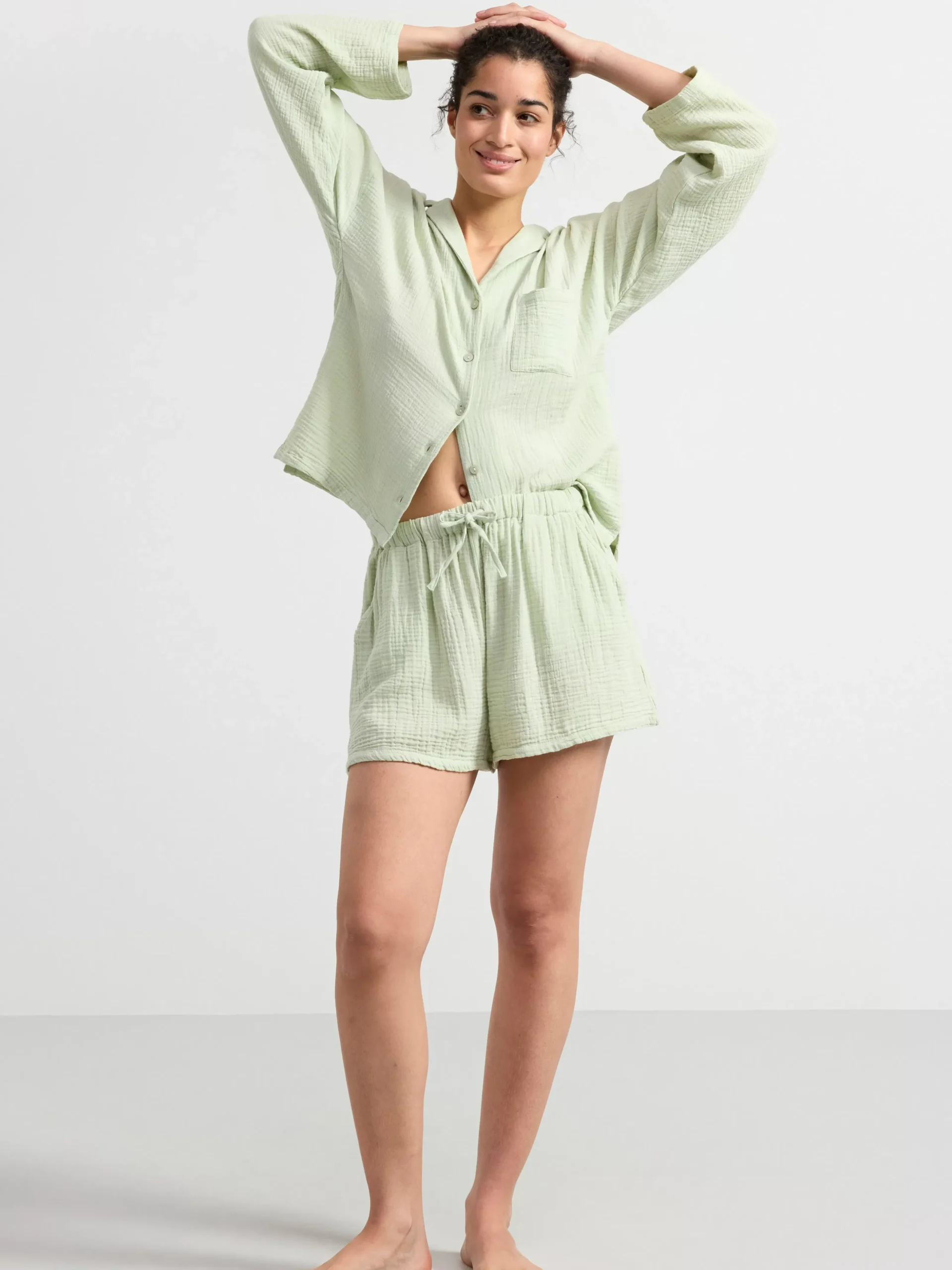 Nattplagg>Lindex Pyjamasset I Bomullsvav Light Green