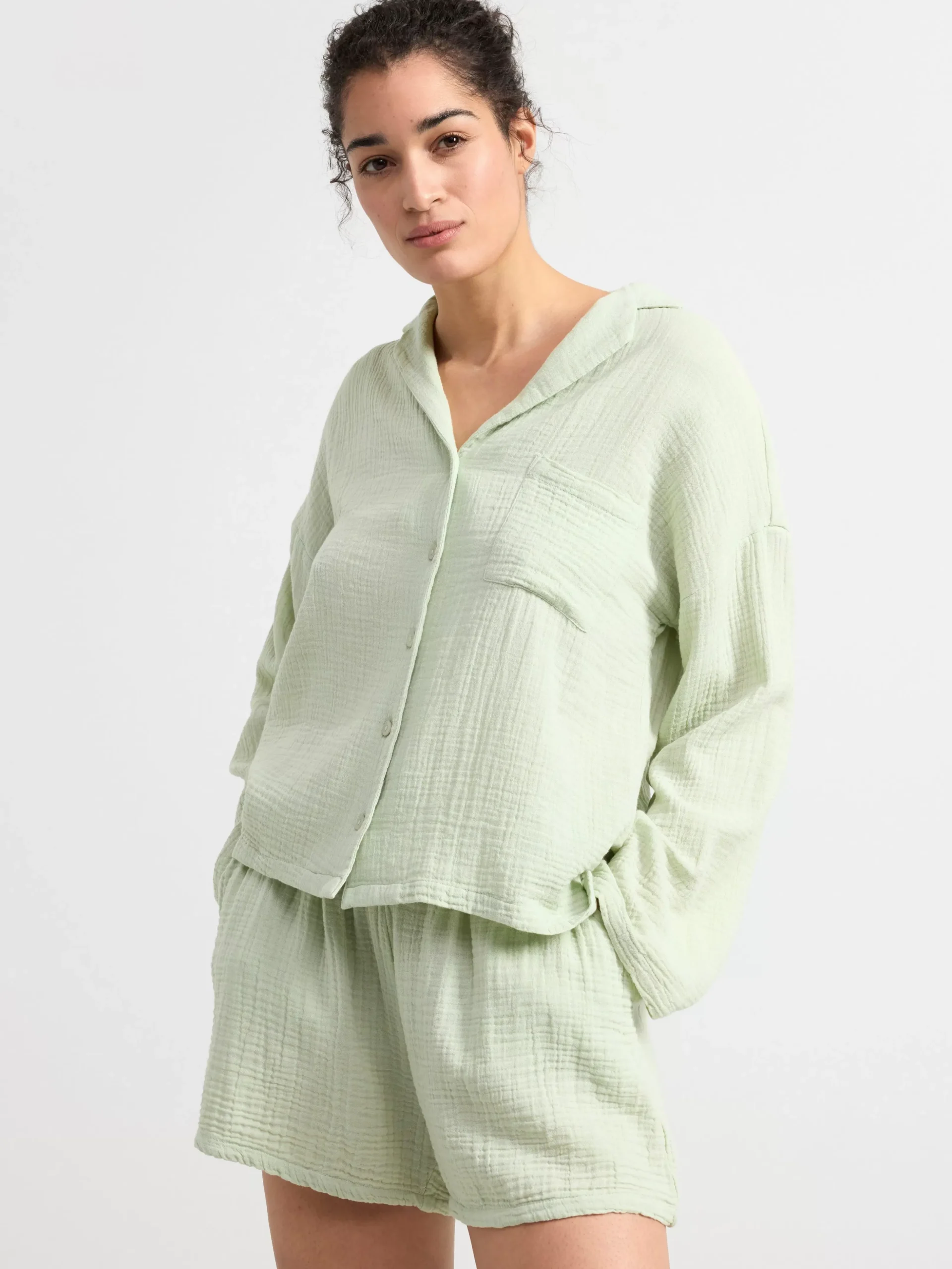 Nattplagg>Lindex Pyjamasset I Bomullsvav Light Green