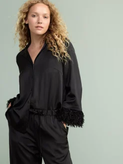 Nattplagg>Lindex Pyjamasset I Satin Med Fuskfjadrar Black