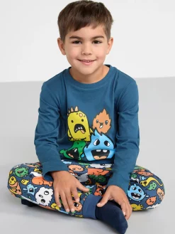 Nattplagg>Lindex Pyjamasset Med Monster Dark Dusty Blue