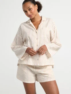 Nattplagg>Lindex Pyjamasset Med Skjorta Och Shorts I Backeboljabomull Beige