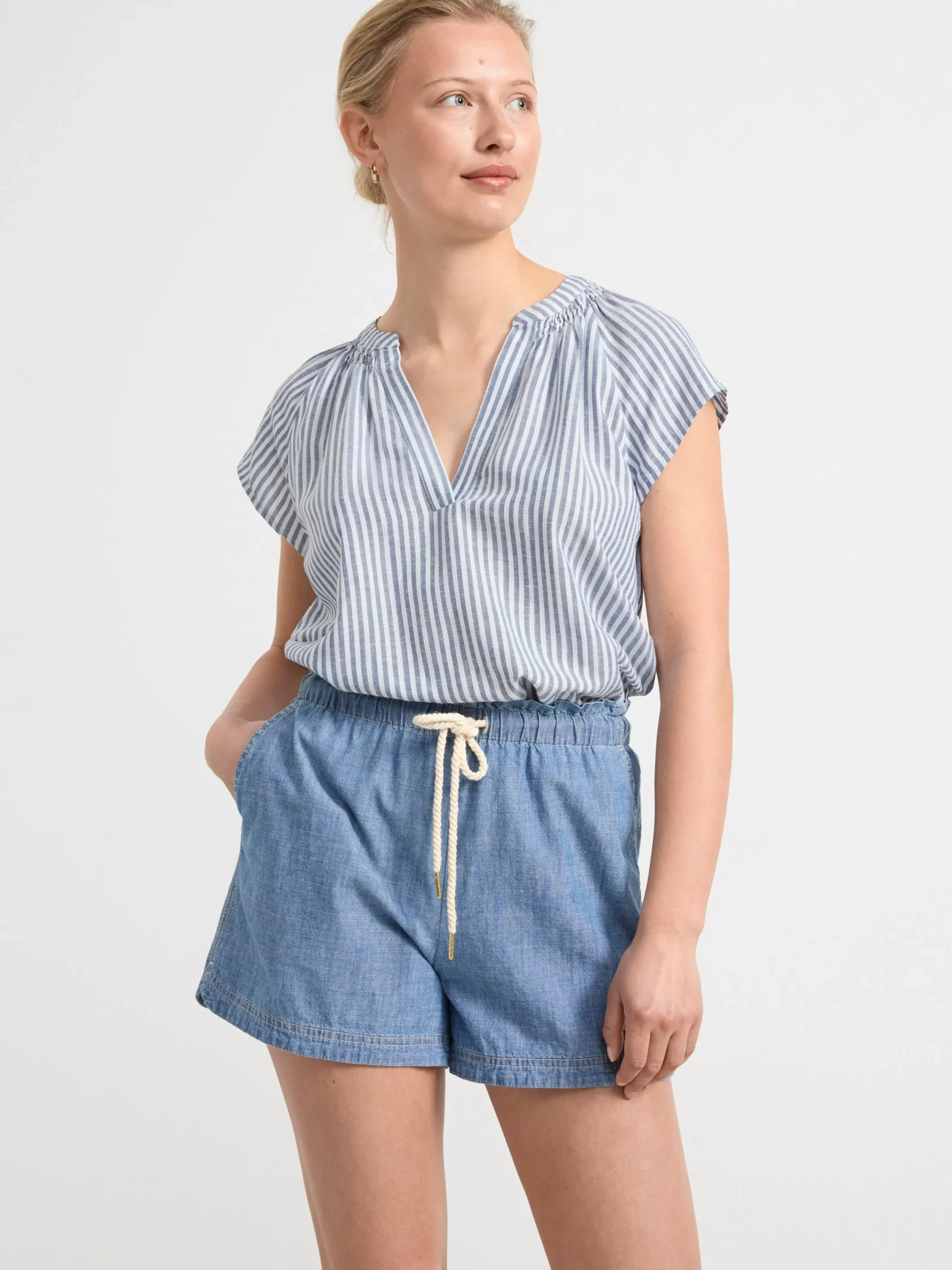 Blusar & Skjortor>Lindex Randig Blus Med Kort Arm Chambray Blue