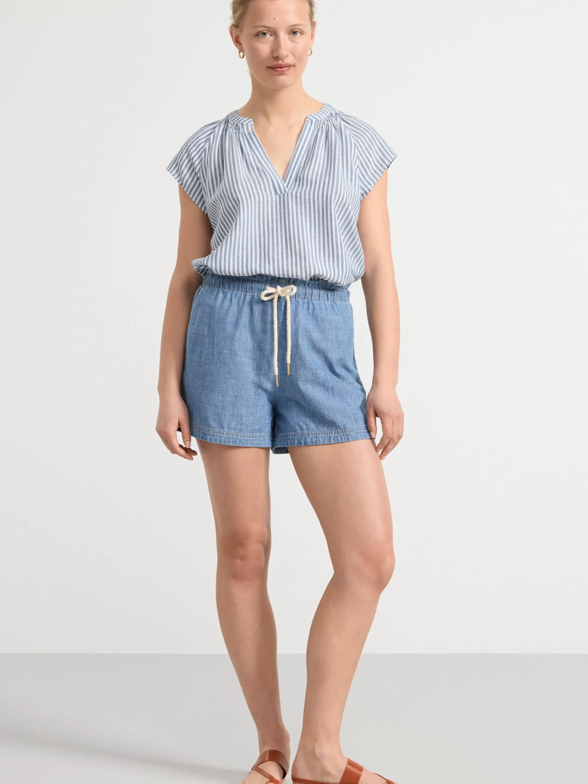 Blusar & Skjortor>Lindex Randig Blus Med Kort Arm Chambray Blue