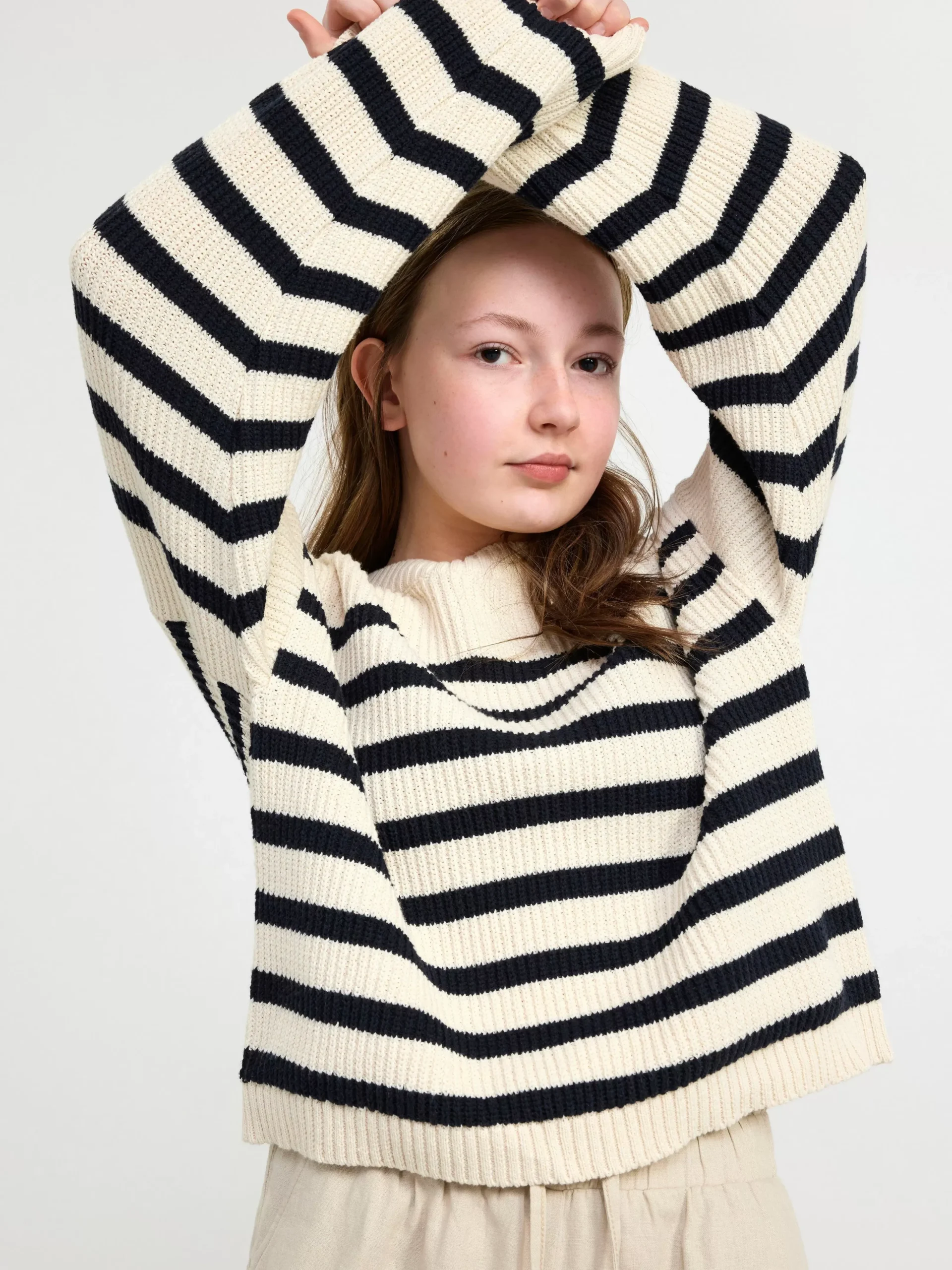 Tröjor & Cardigans>Lindex Randig Ribbstickad Troja Light Dusty White