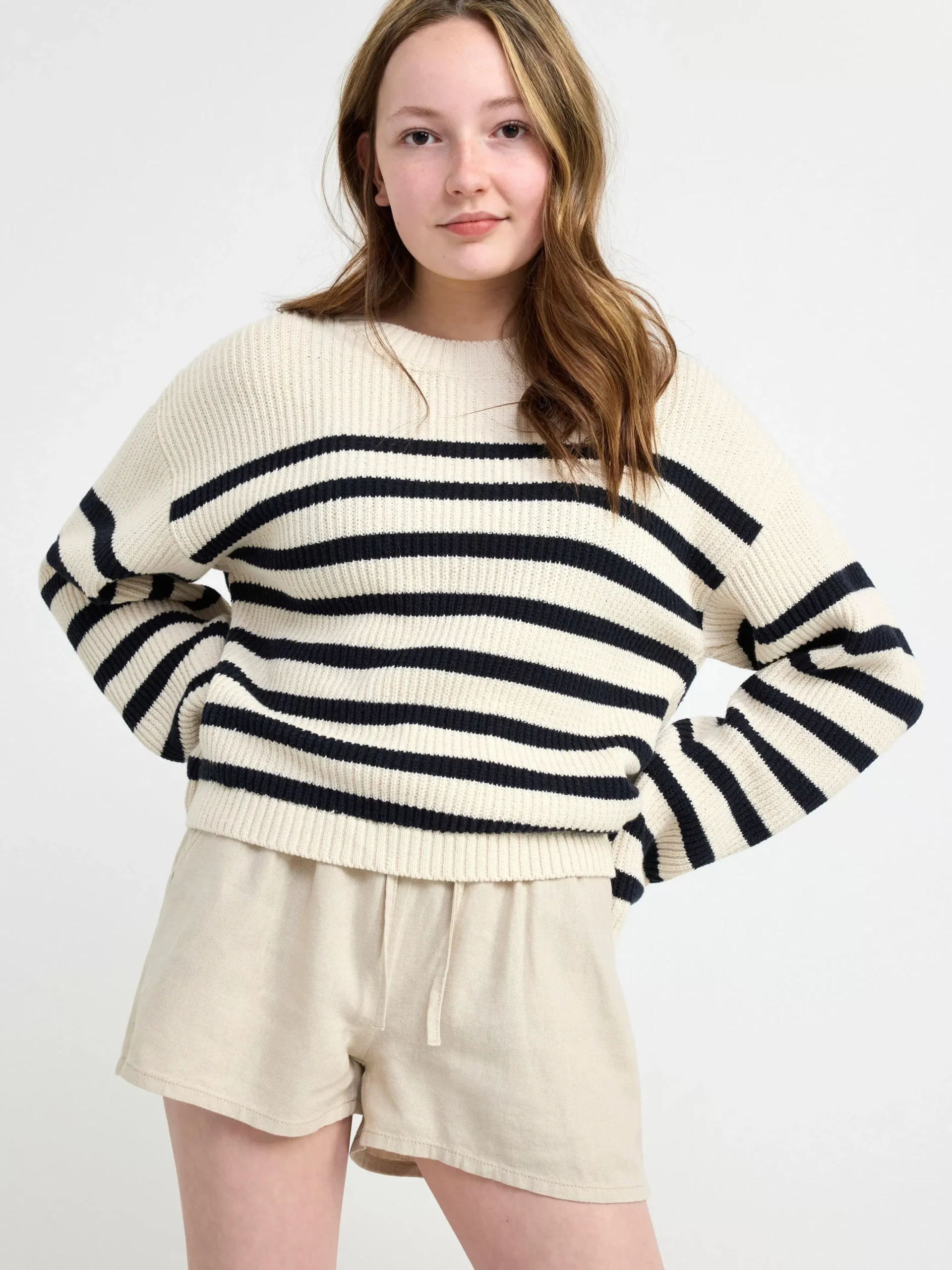Tröjor & Cardigans>Lindex Randig Ribbstickad Troja Light Dusty White