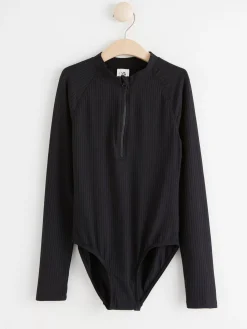 Badkläder & Uv>Lindex Ribbad Baddrakt Med Lang Arm Och Upf 50+ Black