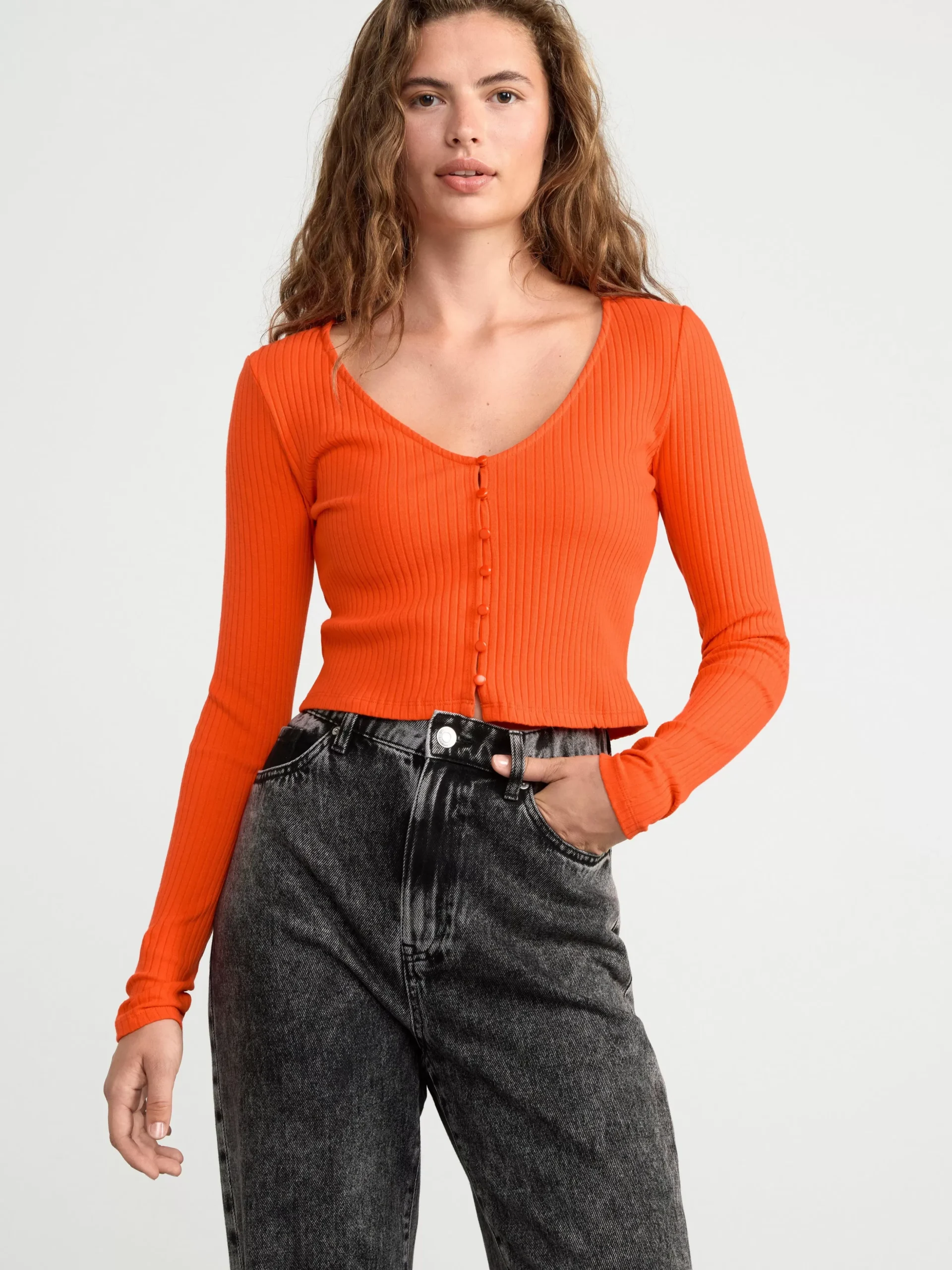 Toppar & T-Shirts>Lindex Ribbad Cardigan Strong Orange