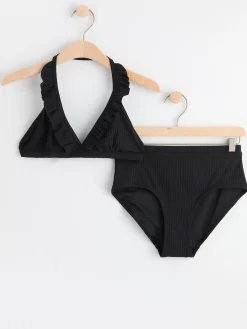 Badkläder & Uv>Lindex Ribbad Halterneck Bikini Med Volanger Black