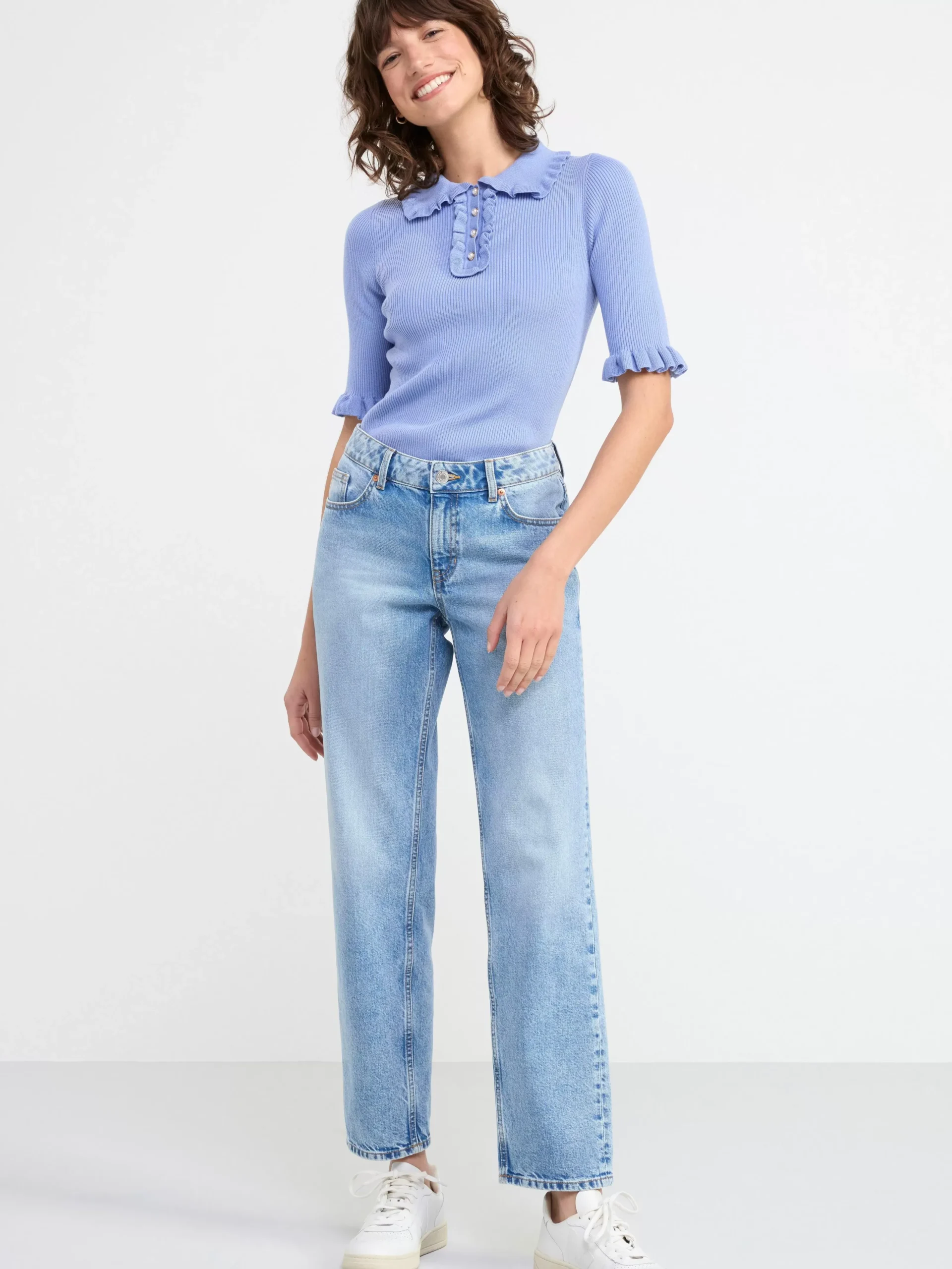 Tröjor & Cardigans>Lindex Ribbad Kortarmad Topp Med Krage Light Blue