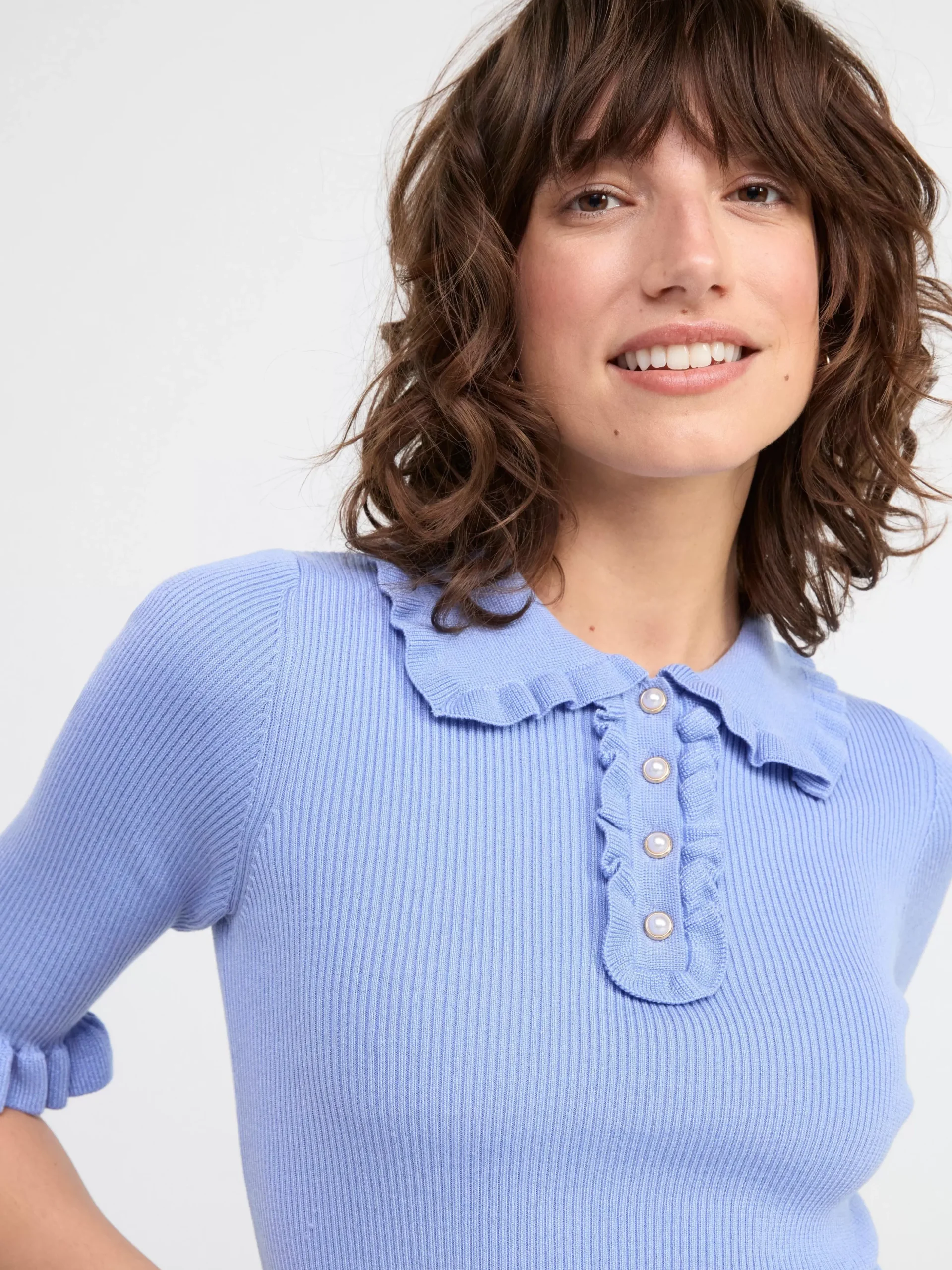 Tröjor & Cardigans>Lindex Ribbad Kortarmad Topp Med Krage Light Blue