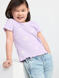 Toppar & T-Shirts>Lindex Ribbad Kortarmad Topp Med Blommor Light Lilac