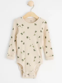 Bodies>Lindex Ribbad Langarmad Body Med Klover Light Beige