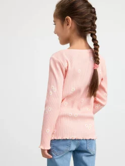 Toppar & T-Shirts>Lindex Ribbad Langarmad Topp Med Blommor Light Dusty Pink