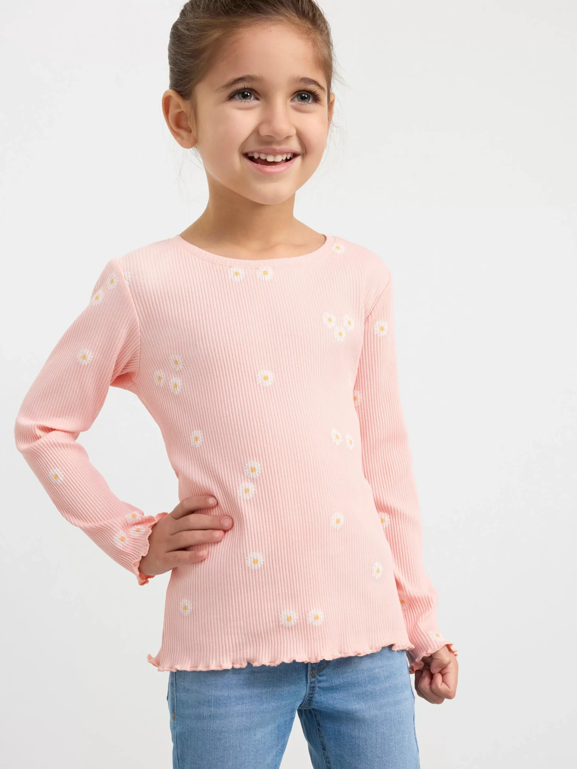Toppar & T-Shirts>Lindex Ribbad Langarmad Topp Med Blommor Light Dusty Pink
