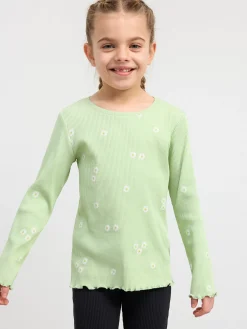 Toppar & T-Shirts>Lindex Ribbad Langarmad Topp Med Blommor Light Dusty Green