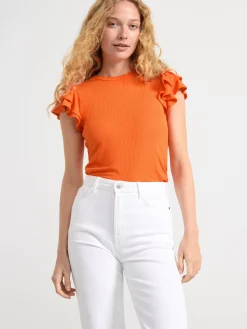 Toppar & T-Shirts>Lindex Ribbad Topp Med Volangarm Orange