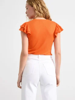 Toppar & T-Shirts>Lindex Ribbad Topp Med Volangarm Orange