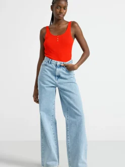 Toppar & T-Shirts>Lindex Ribbat Linne Med Knappsla Red