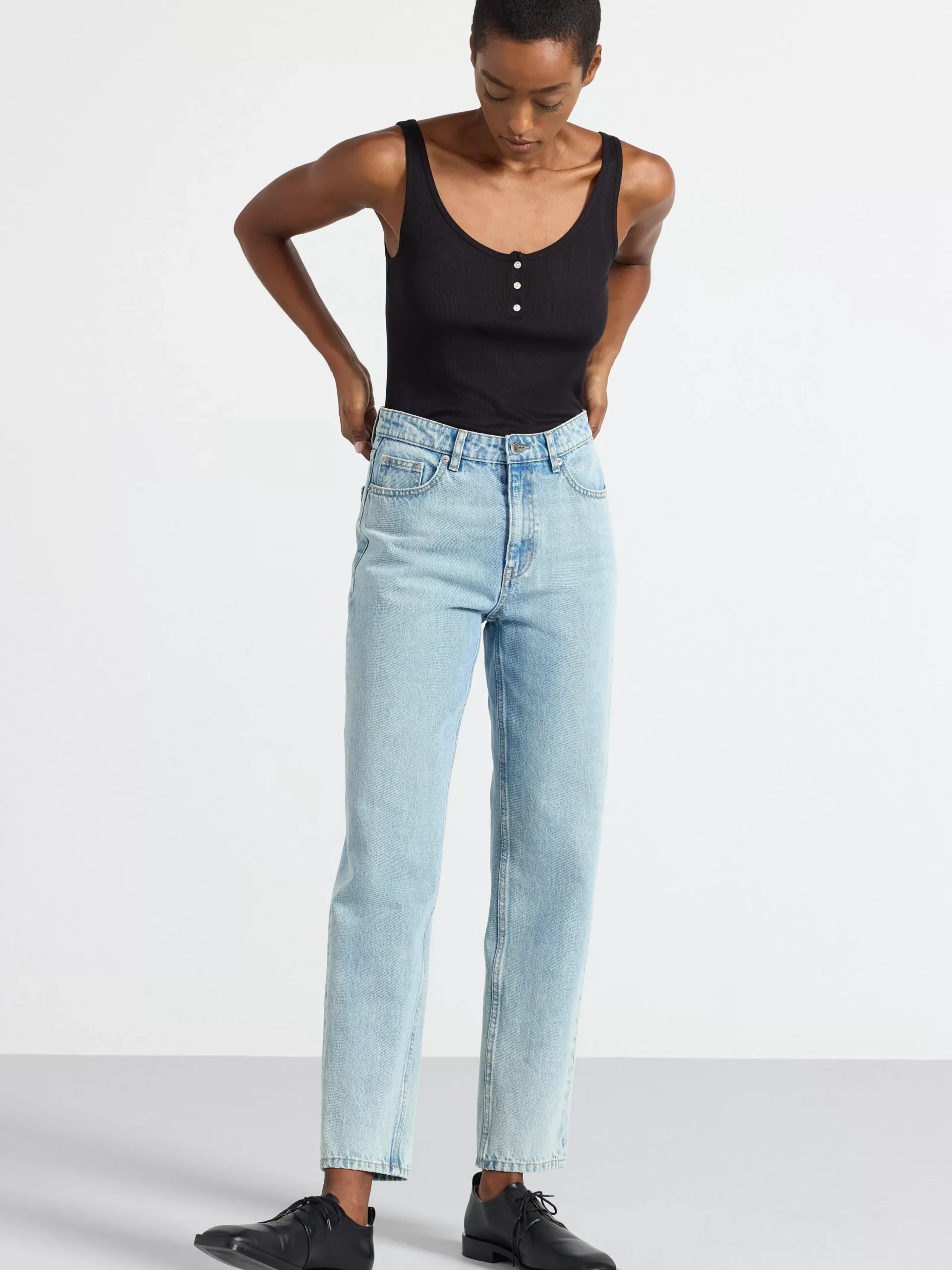 Toppar & T-Shirts>Lindex Ribbat Linne Med Knappsla Black