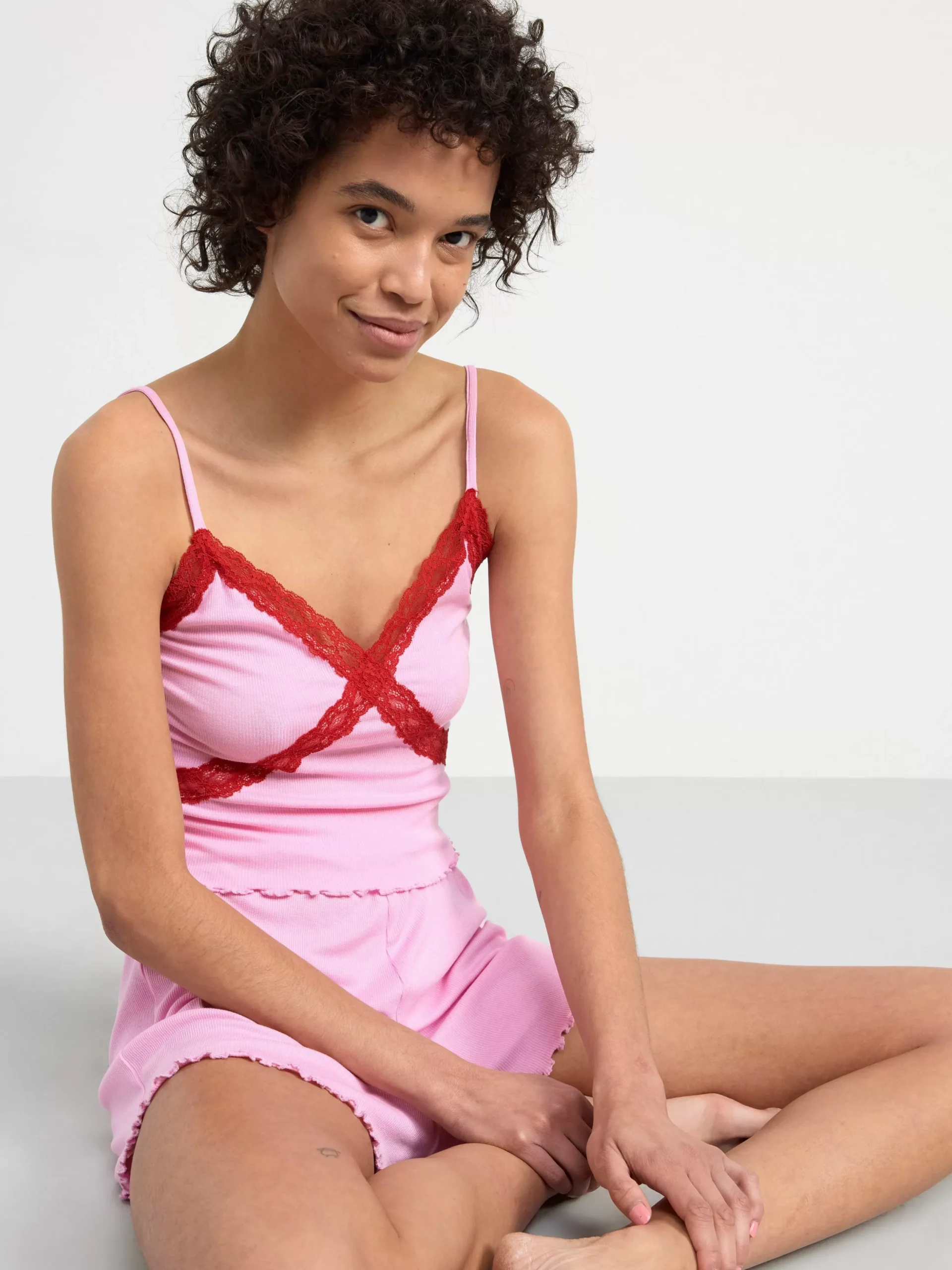 Nattplagg>Lindex Ribbat Set Med Linne Och Shorts Light Pink