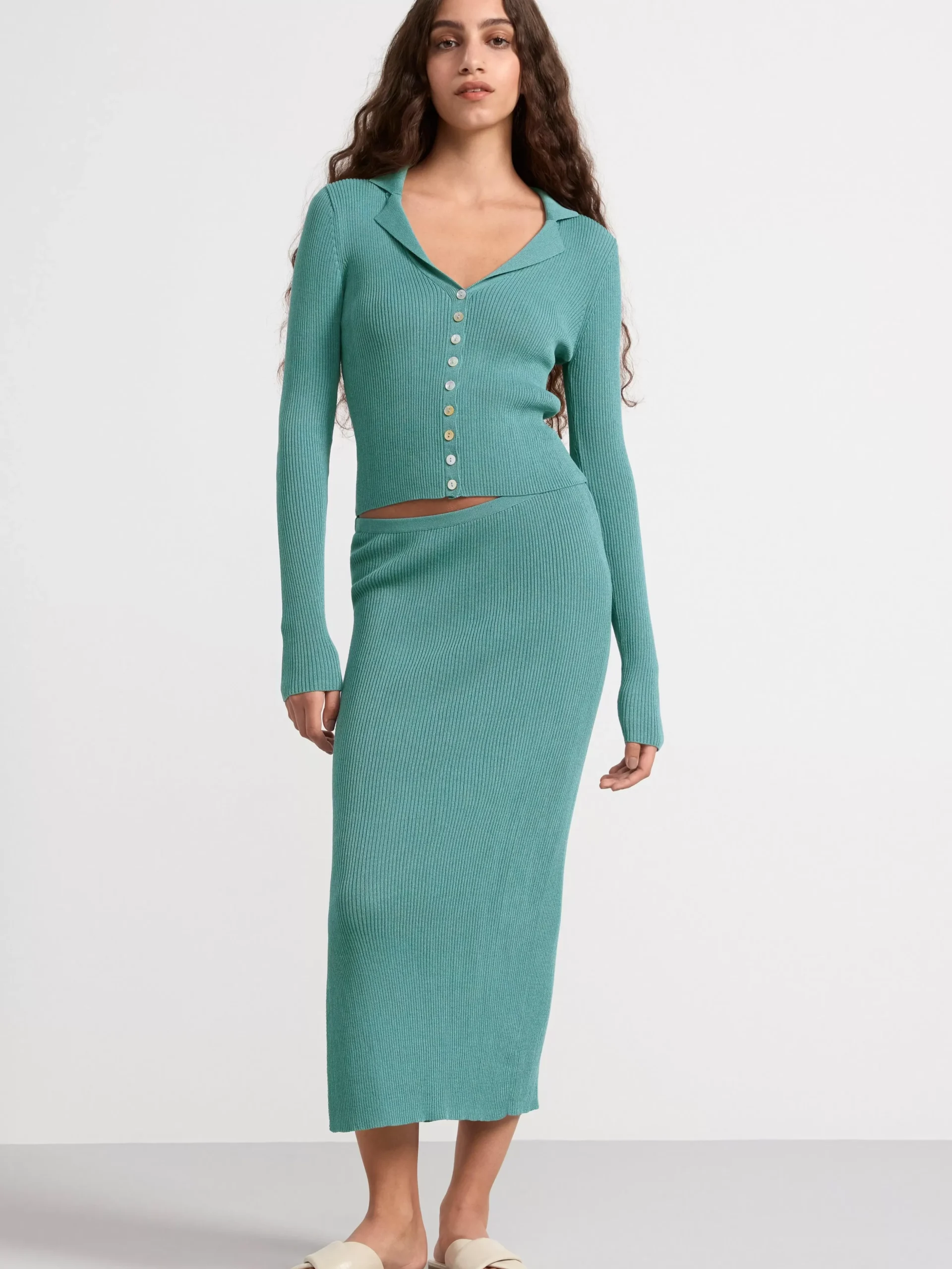Kjolar>Lindex Ribbstickad Midikjol Turquoise