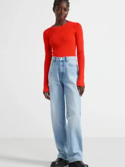 Tröjor & Cardigans>Lindex Ribbstickad Topp Med Lang Arm Red