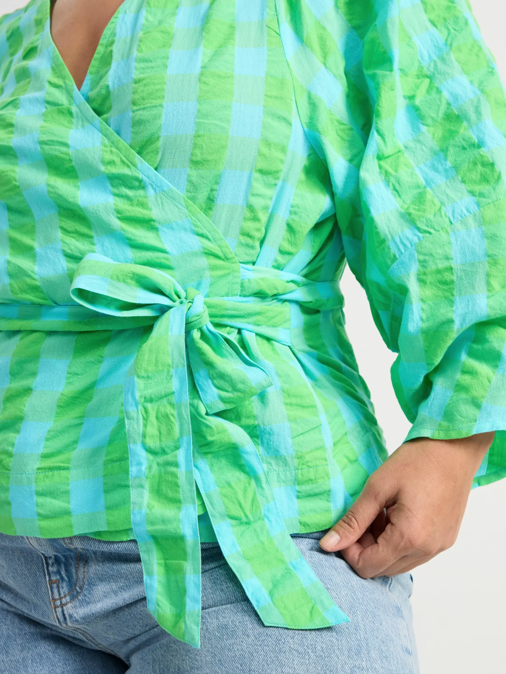 Blusar & Skjortor>Lindex Rutig Blus Med Vid Arm Light Turquoise