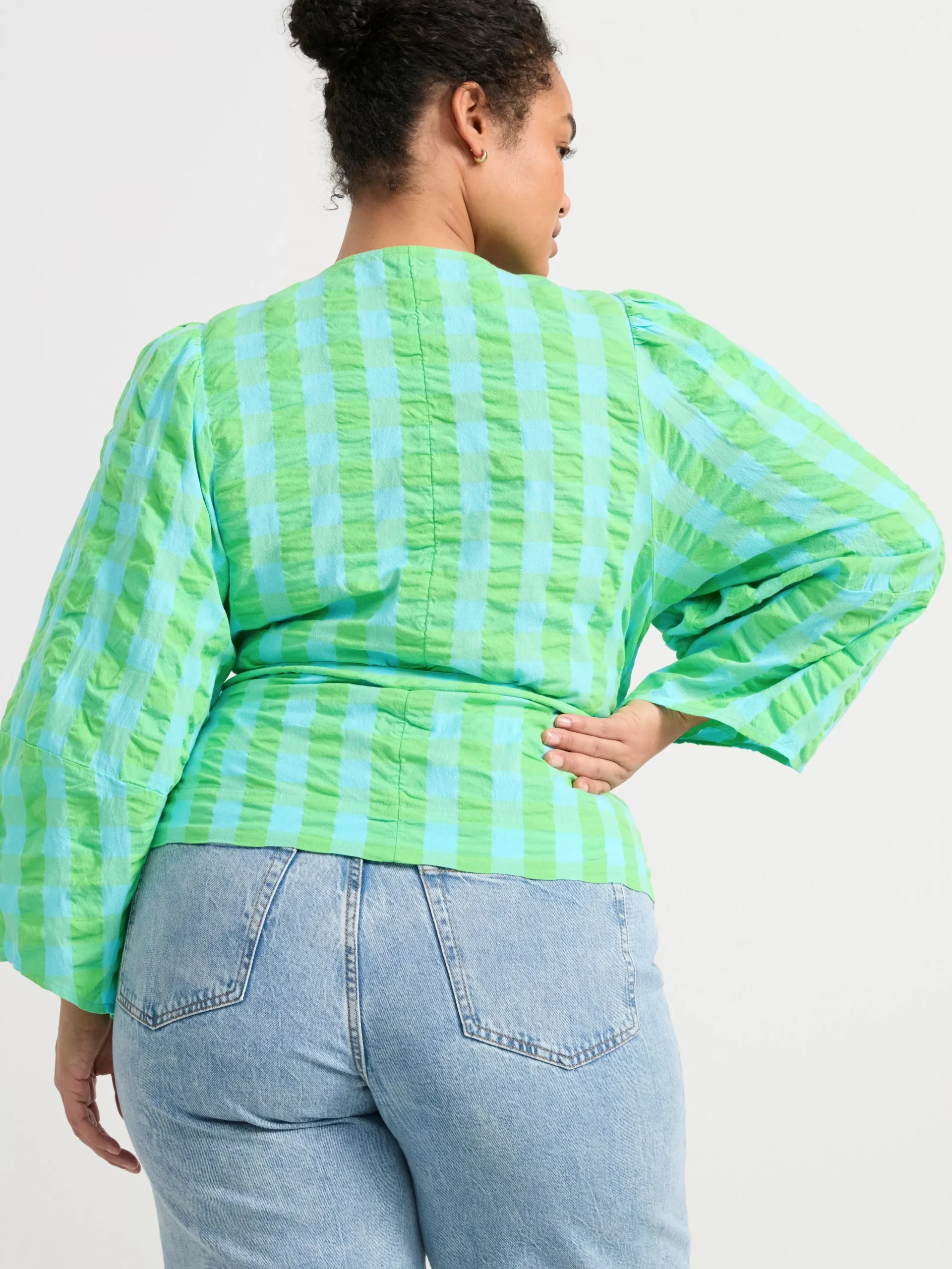 Blusar & Skjortor>Lindex Rutig Blus Med Vid Arm Light Turquoise