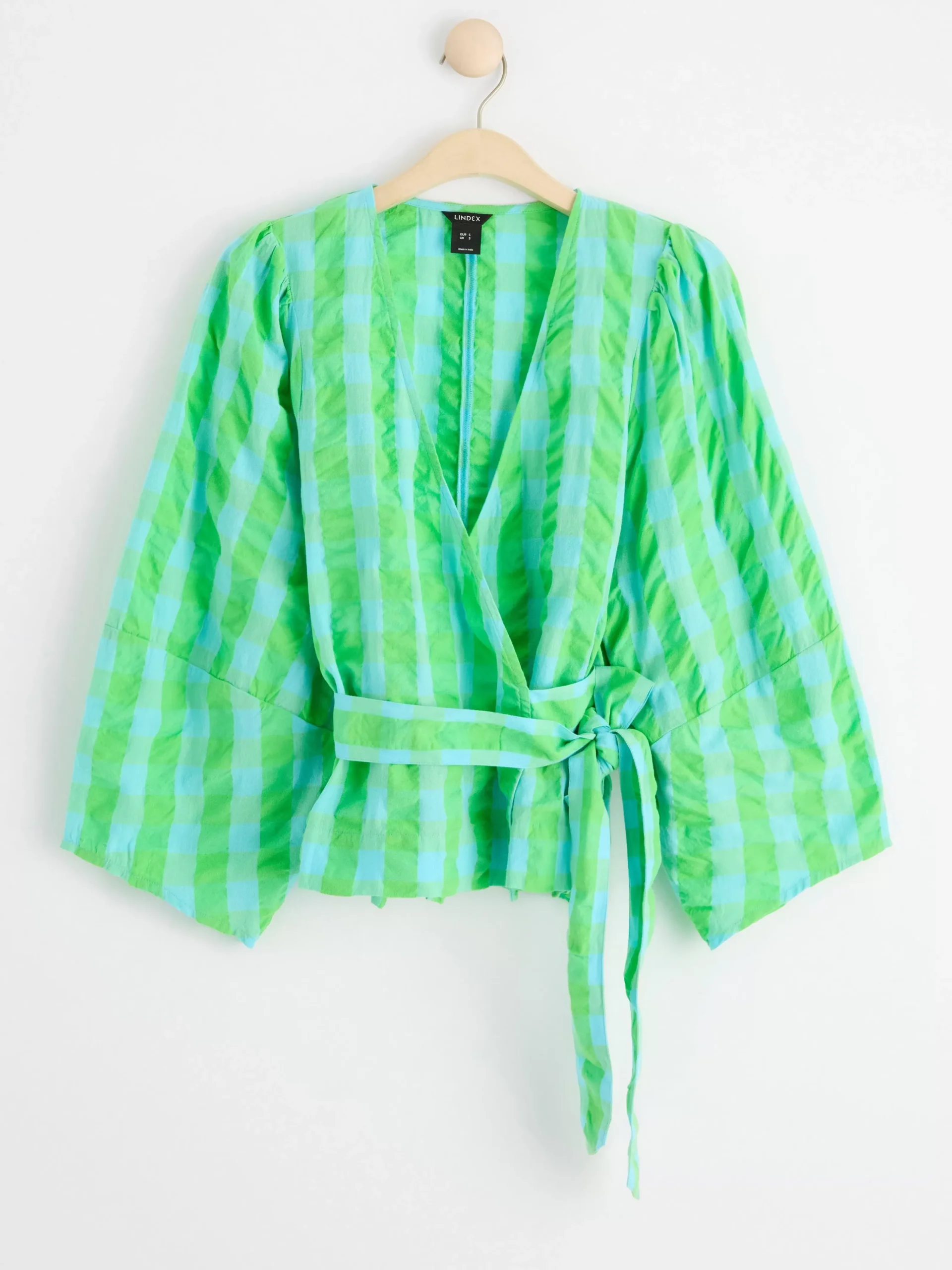 Blusar & Skjortor>Lindex Rutig Blus Med Vid Arm Light Turquoise