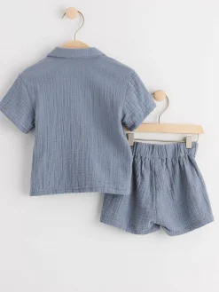 Flerpack>Lindex Set Med Skjorta Och Shorts I Krinklad Bomull Dark Dusty Blue