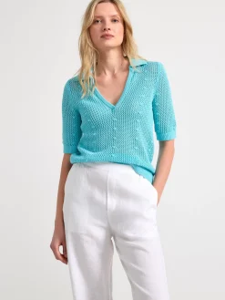 Toppar & T-Shirts>Lindex Stickad Kortarmad Topp Med Krage Light Turquoise