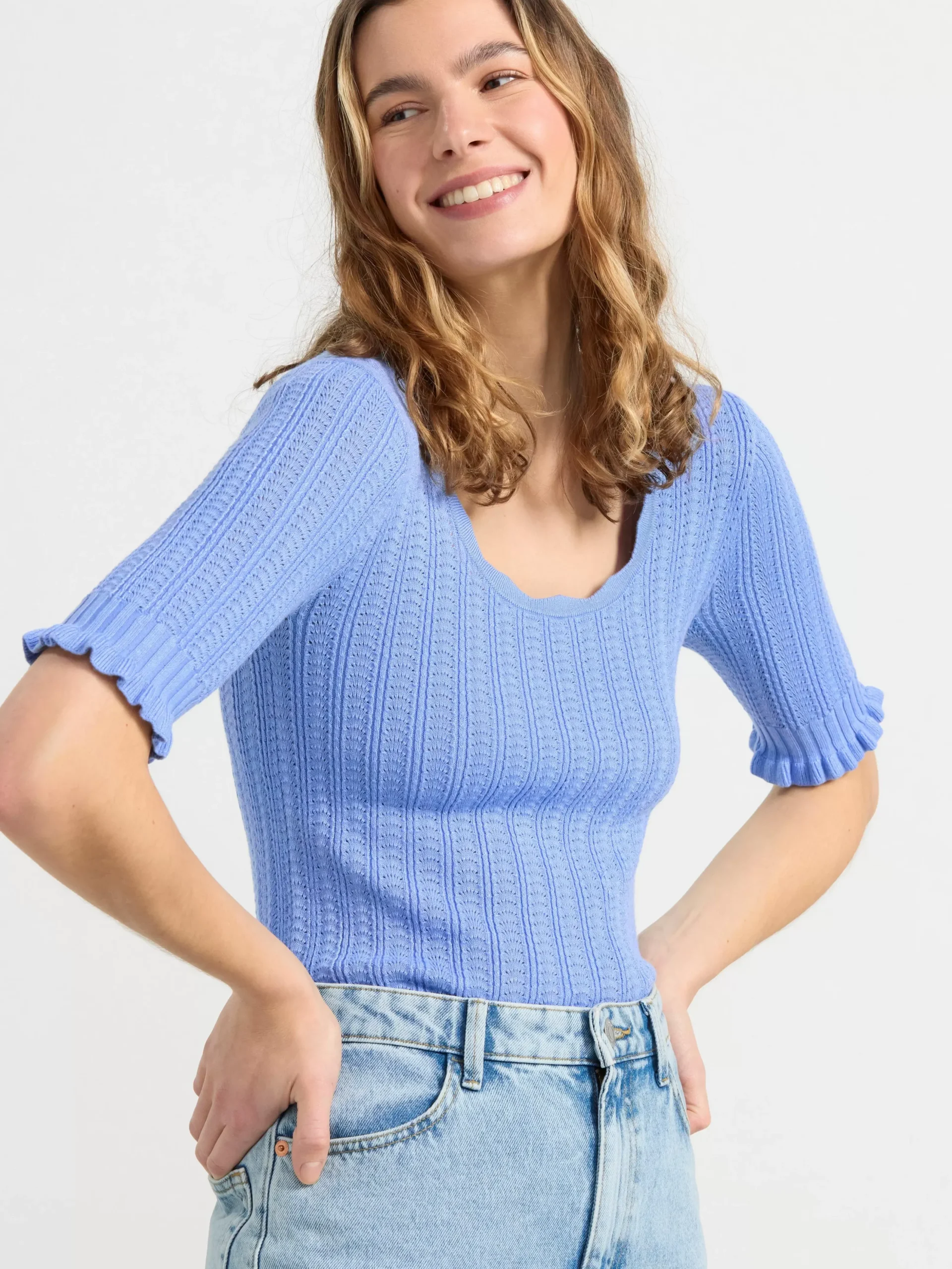 Toppar & T-Shirts>Lindex Stickad Topp Med Kort Arm Light Blue