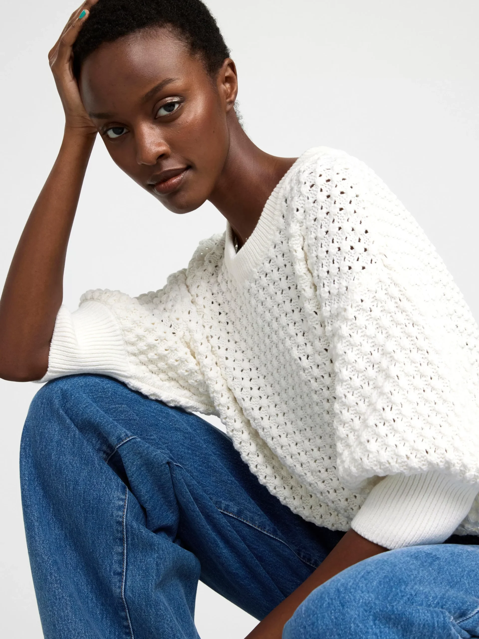 Tröjor & Cardigans>Lindex Stickad Troja Med Kort Arm Light White