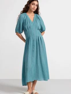 Klänningar>Lindex Strukturerad Maxiklanning Med Puffarm Turquoise