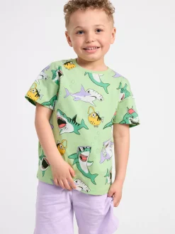 Toppar & T-Shirts>Lindex T-Shirt Med Hajmonster Light Dusty Green